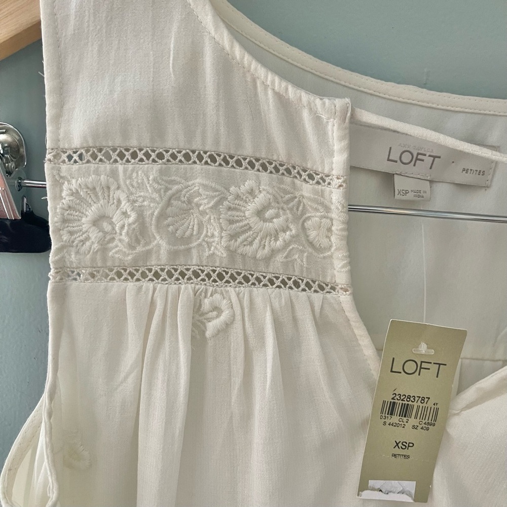 NWT Loft Embroidered Tassel Swing Mini Dress XS Petite Ivory Boho Cotton Blend - Picture 7 of 12